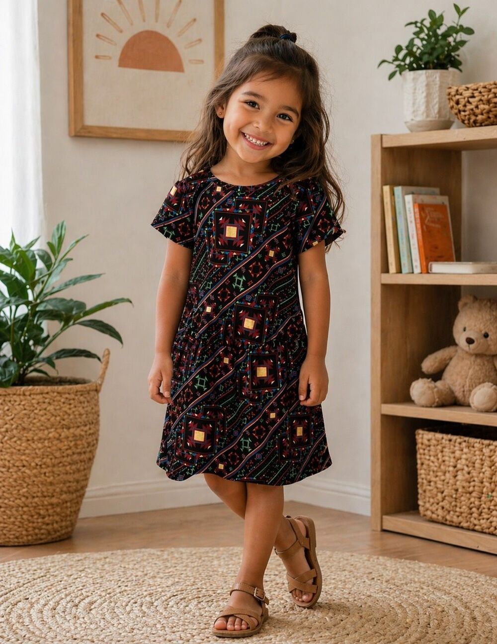 LuLaRoe girls Kids size 4 pink Mae dress Geometric, Red, Green, Yellow ￼95%/5%